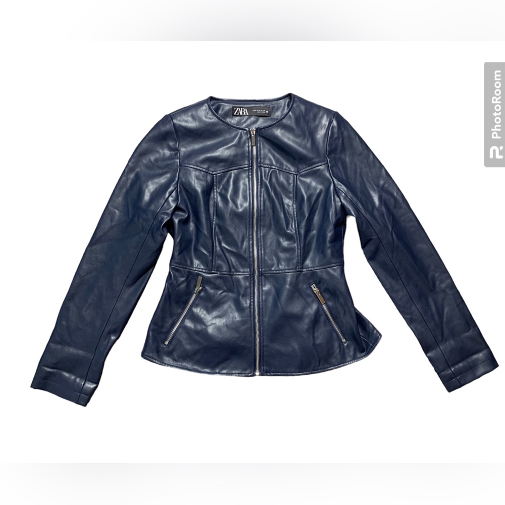 Zara Navy Blue Faux Leather Collarless Zip Jacket Streetwear Womens M